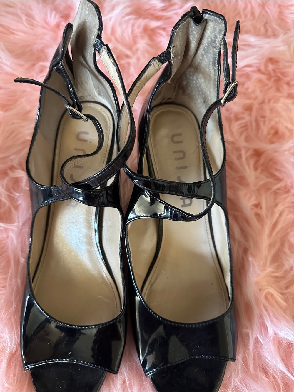 Unisa Black Patent Leather Peep-Toe Ankle Strap Heels